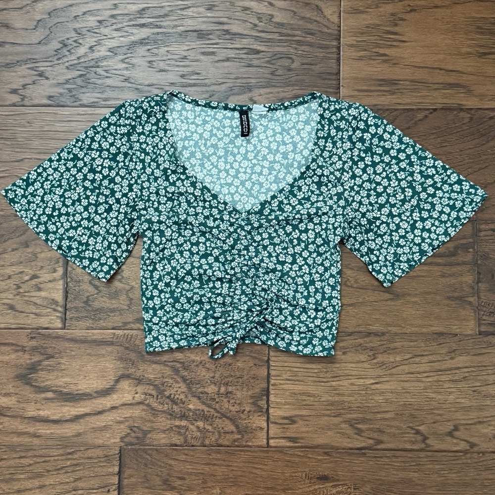H&M Divided‎ Floral Ruched Drawstring V-Neck Crop Top Green XS